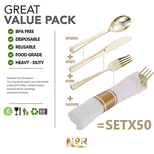 N9R 50 Pack Pre Rolled Gold Plastic Cutlery Set, Wrapped Plastic Silverware Set with 50 Forks, 50 Knives, 50 Spoons and 50 Napkins, Disposable Cutlery Set for Party and Wedding