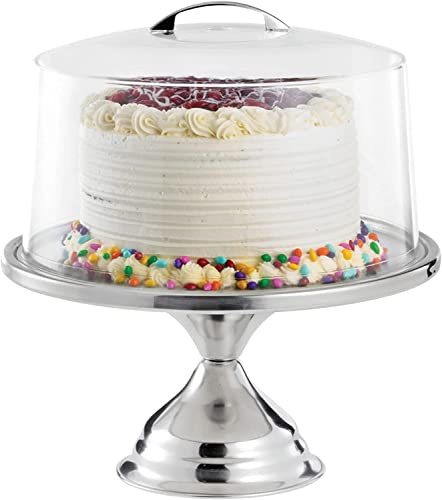 Tablecraft Cake Stand with Dome, Clear Acrylic Shatterproof Lid Cover with Stainless Steel Display Pedestal, Domed to Fit 12 Inches in Diameter Cakes, Pies and Pastry, Commercial Restaurant Use,Silver