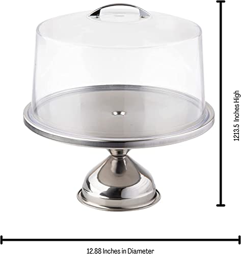 Tablecraft Cake Stand with Dome, Clear Acrylic Shatterproof Lid Cover with Stainless Steel Display Pedestal, Domed to Fit 12 Inches in Diameter Cakes, Pies and Pastry, Commercial Restaurant Use,Silver