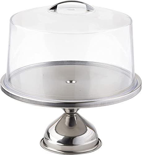 Tablecraft Cake Stand with Dome, Clear Acrylic Shatterproof Lid Cover with Stainless Steel Display Pedestal, Domed to Fit 12 Inches in Diameter Cakes, Pies and Pastry, Commercial Restaurant Use,Silver