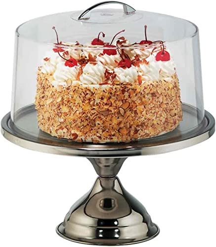 Tablecraft Cake Stand with Dome, Clear Acrylic Shatterproof Lid Cover with Stainless Steel Display Pedestal, Domed to Fit 12 Inches in Diameter Cakes, Pies and Pastry, Commercial Restaurant Use,Silver