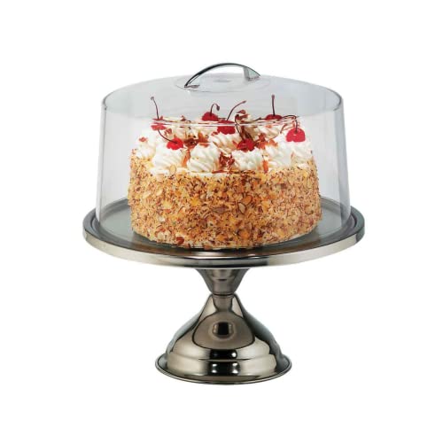 Tablecraft Cake Stand with Dome, Clear Acrylic Shatterproof Lid Cover with Stainless Steel Display Pedestal, Domed to Fit 12 Inches in Diameter Cakes, Pies and Pastry, Commercial Restaurant Use,Silver