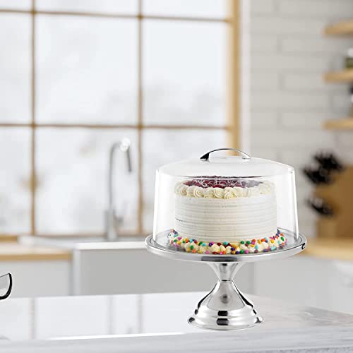 Tablecraft Cake Stand with Dome, Clear Acrylic Shatterproof Lid Cover with Stainless Steel Display Pedestal, Domed to Fit 12 Inches in Diameter Cakes, Pies and Pastry, Commercial Restaurant Use,Silver
