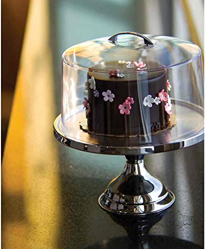 Tablecraft Cake Stand with Dome, Clear Acrylic Shatterproof Lid Cover with Stainless Steel Display Pedestal, Domed to Fit 12 Inches in Diameter Cakes, Pies and Pastry, Commercial Restaurant Use,Silver