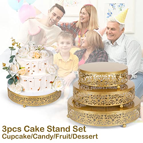 Set of 3 Gold Cake Stand,Round Metal Cake Stands, Dessert Cupcake Pastry Candy Display Plate for Wedding, Birthday, Party