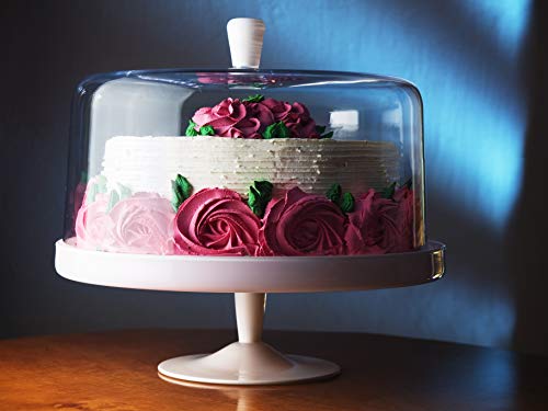 Barski - Euorpean Quality Glass - Large 2 Pc Set Footed Glass - Opal (white) Cake Stand with Large Clear Cake Dome - with Opal (white) Knob - 12.4" Diameter - Made in Europe