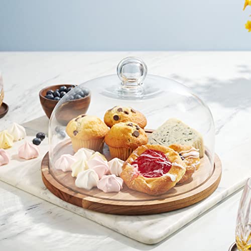 Godinger Cake Stand with Dome, 2in1 Wooden Cake Plate Serving Tray with Glass Dome, Cheese Board, Home Decor Housewarming Gift