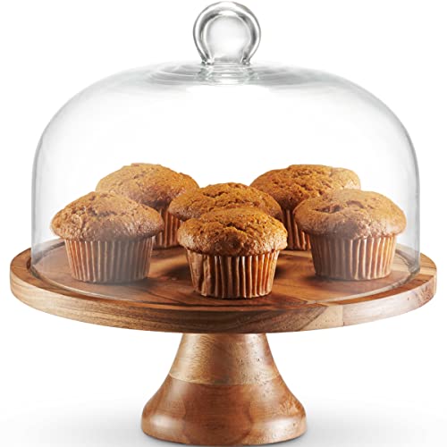 Godinger Cake Stand with Dome, 2in1 Wooden Cake Plate Serving Tray with Glass Dome, Cheese Board, Home Decor Housewarming Gift