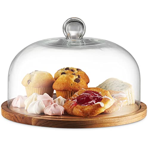 Godinger Cake Stand with Dome, 2in1 Wooden Cake Plate Serving Tray with Glass Dome, Cheese Board, Home Decor Housewarming Gift