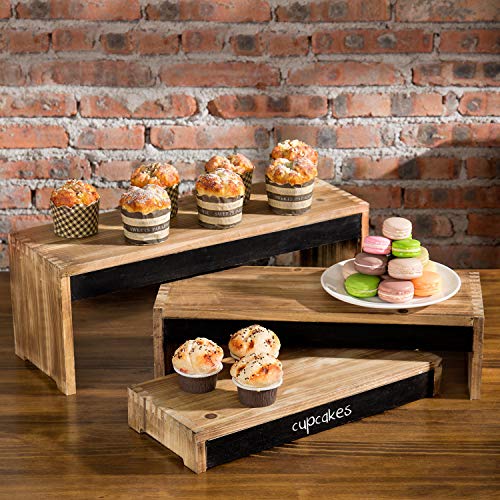 MyGift 3-Tier Rustic Burnt Dark Brown Wood Cake/Dessert Display Riser Stands with Chalkboard Panels