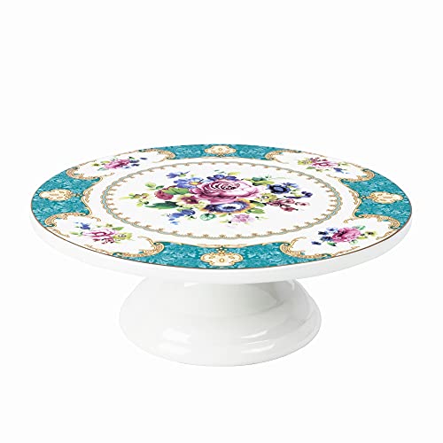 fanquare 10 Inch Floral Porcelain Cake Stand, Vintage Dessert Plate with Gold Trim, Blue Tea Cake Stand