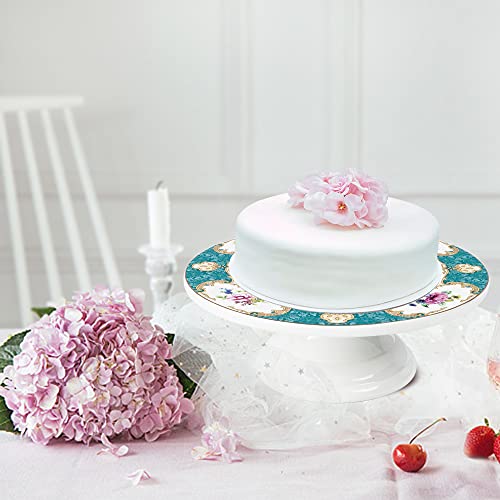 fanquare 10 Inch Floral Porcelain Cake Stand, Vintage Dessert Plate with Gold Trim, Blue Tea Cake Stand