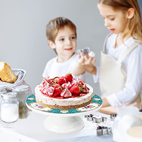 fanquare 10 Inch Floral Porcelain Cake Stand, Vintage Dessert Plate with Gold Trim, Blue Tea Cake Stand