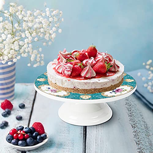 fanquare 10 Inch Floral Porcelain Cake Stand, Vintage Dessert Plate with Gold Trim, Blue Tea Cake Stand