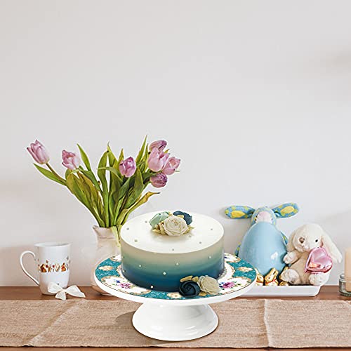 fanquare 10 Inch Floral Porcelain Cake Stand, Vintage Dessert Plate with Gold Trim, Blue Tea Cake Stand