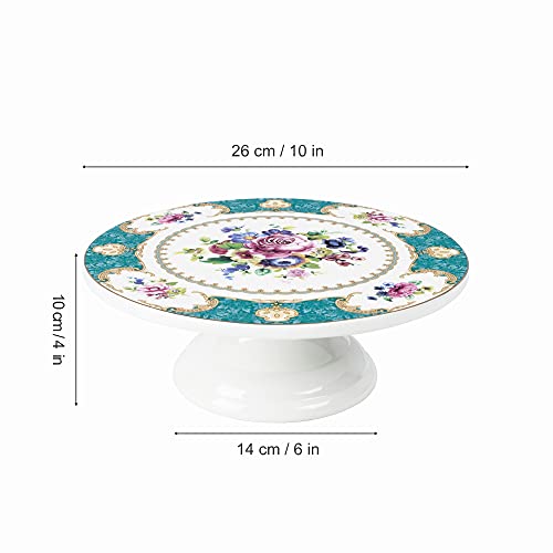 fanquare 10 Inch Floral Porcelain Cake Stand, Vintage Dessert Plate with Gold Trim, Blue Tea Cake Stand