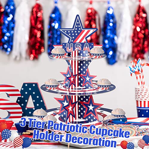 Roshtia 4th of July Patriotic Cupcake Stand 3 Tier Cardboard Cup Cake Holder Stand American Flag Fourth of July Serving Tray Independence Day Dessert Tower for Food Memorial Day Party Decorations