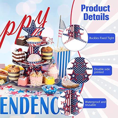 Roshtia 4th of July Patriotic Cupcake Stand 3 Tier Cardboard Cup Cake Holder Stand American Flag Fourth of July Serving Tray Independence Day Dessert Tower for Food Memorial Day Party Decorations