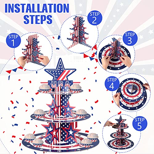 Roshtia 4th of July Patriotic Cupcake Stand 3 Tier Cardboard Cup Cake Holder Stand American Flag Fourth of July Serving Tray Independence Day Dessert Tower for Food Memorial Day Party Decorations