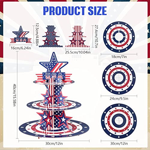 Roshtia 4th of July Patriotic Cupcake Stand 3 Tier Cardboard Cup Cake Holder Stand American Flag Fourth of July Serving Tray Independence Day Dessert Tower for Food Memorial Day Party Decorations
