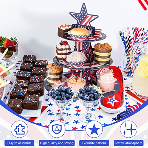 Roshtia 4th of July Patriotic Cupcake Stand 3 Tier Cardboard Cup Cake Holder Stand American Flag Fourth of July Serving Tray Independence Day Dessert Tower for Food Memorial Day Party Decorations