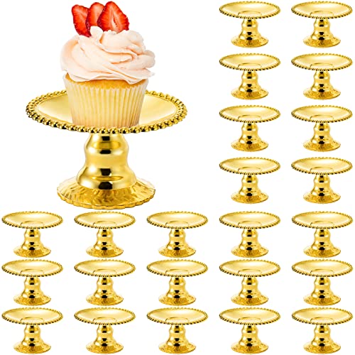 Hacaroa 24 Pack Mini Plastic Cake Display Stand, Gold Single Cupcake Serving Plates, Round Pearl Edge Dessert Holder Pastry Tray Stand for Candy, Chocolate, Fruits, Baby Shower, Birthday Party