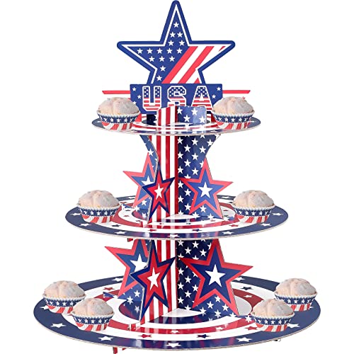 Roshtia 4th of July Patriotic Cupcake Stand 3 Tier Cardboard Cup Cake Holder Stand American Flag Fourth of July Serving Tray Independence Day Dessert Tower for Food Memorial Day Party Decorations
