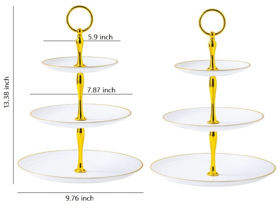 3 Tier Cupcake Stand, Plastic Tiered Serving Stand, Dessert Tower Tray for Tea Party, Baby Shower and Wedding, 2 Pack, White & Gold