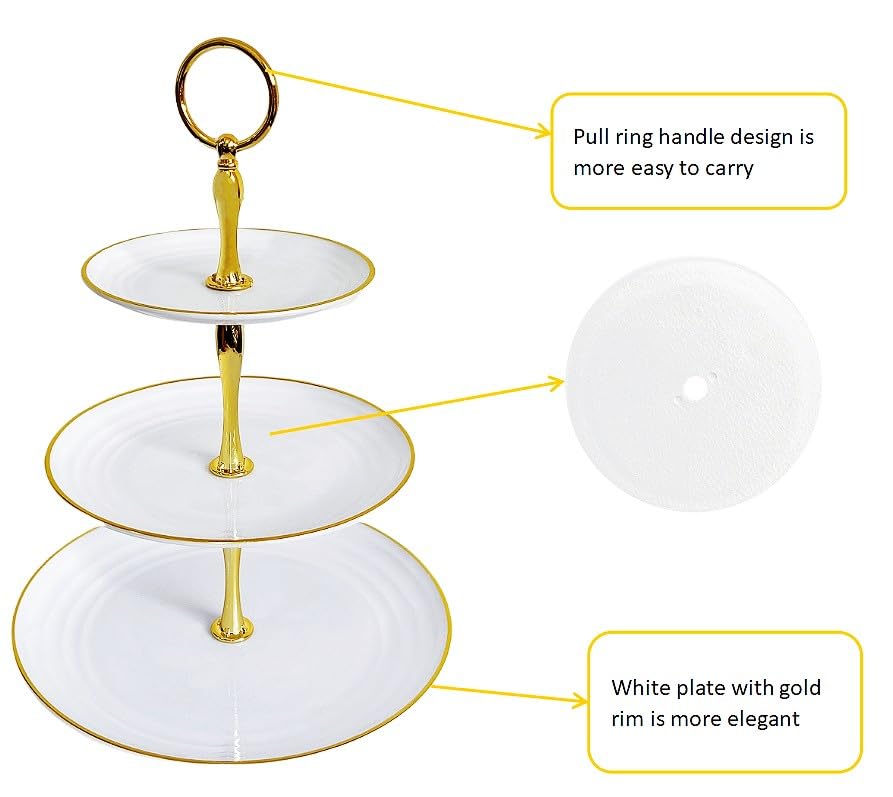 3 Tier Cupcake Stand, Plastic Tiered Serving Stand, Dessert Tower Tray for Tea Party, Baby Shower and Wedding, 2 Pack, White & Gold