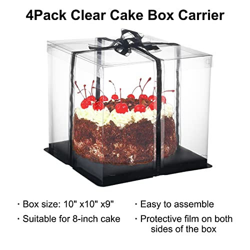 WerkWeit Clear Cake Box 4 Pack Transparent Cake Box With Ribbon Size 10" X 10" X 9" Tall Cake Carrier With Lid Cake Packaging Container Gift Boxes For Party Birthday Wedding