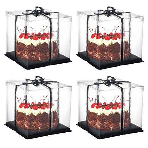 WerkWeit Clear Cake Box 4 Pack Transparent Cake Box With Ribbon Size 10" X 10" X 9" Tall Cake Carrier With Lid Cake Packaging Container Gift Boxes For Party Birthday Wedding