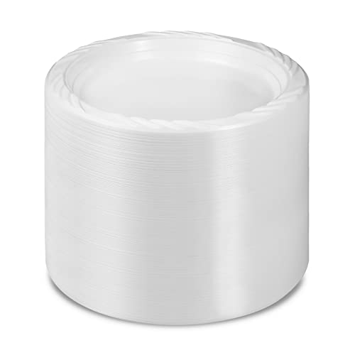 Munfix 6 Inch White Plastic Plates 200 Bulk Pack - Disposable Cake Plates for BBQ, Party, Travel and Events, Microwavable Recyclable