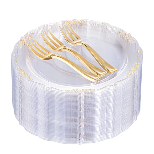 LIYH 100pcs Gold Dessert Plates Disposable with 100pcs Plastic Dessert Forks,Plastic Salad Plates with Gold Disposable Gold Forks, Clear Cake Plates Disposable Perfect for Parties Wedding, Birthday