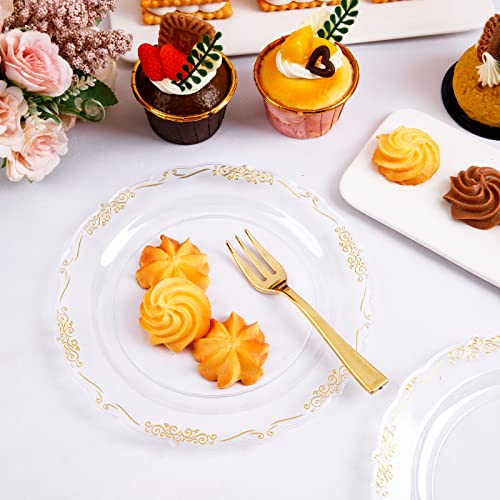 LIYH 100pcs Gold Dessert Plates Disposable with 100pcs Plastic Dessert Forks,Plastic Salad Plates with Gold Disposable Gold Forks, Clear Cake Plates Disposable Perfect for Parties Wedding, Birthday