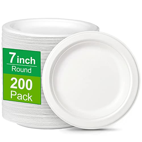 Greconv Small Paper Plates, 200 Pack Bulk Paper Plates 7 inch, 100% Compostable Paper Plates Disposable, White Paper Plates Heavy Duty for Dessert Cake, Recycled Paper Plates Made of Sugarcane Fibers
