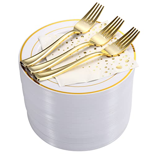 Stylish 7.5 Inch Gold Dessert Plates, Forks and Cocktail Napkins (100 of Each), Gold Plastic Dessert Plates, Appetizer Plates or Salad Plates, Disposable Gold Cake Plates, Wedding Cake Plates