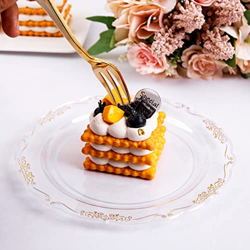 LIYH 100pcs Gold Dessert Plates Disposable with 100pcs Plastic Dessert Forks,Plastic Salad Plates with Gold Disposable Gold Forks, Clear Cake Plates Disposable Perfect for Parties Wedding, Birthday