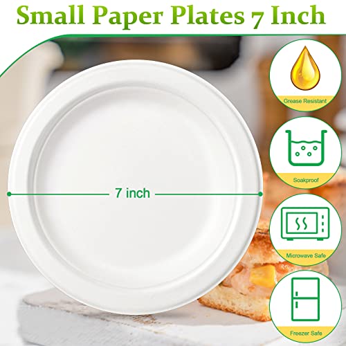 Greconv Small Paper Plates, 200 Pack Bulk Paper Plates 7 inch, 100% Compostable Paper Plates Disposable, White Paper Plates Heavy Duty for Dessert Cake, Recycled Paper Plates Made of Sugarcane Fibers