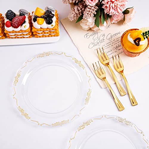 LIYH 100pcs Gold Dessert Plates Disposable with 100pcs Plastic Dessert Forks,Plastic Salad Plates with Gold Disposable Gold Forks, Clear Cake Plates Disposable Perfect for Parties Wedding, Birthday