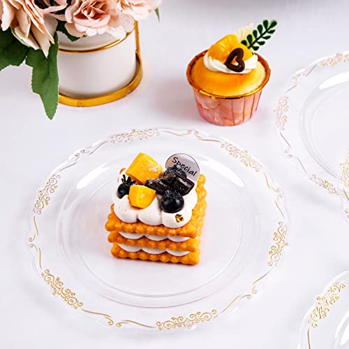 LIYH 100pcs Gold Dessert Plates Disposable with 100pcs Plastic Dessert Forks,Plastic Salad Plates with Gold Disposable Gold Forks, Clear Cake Plates Disposable Perfect for Parties Wedding, Birthday