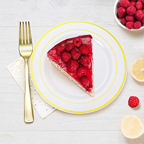 Stylish 7.5 Inch Gold Dessert Plates, Forks and Cocktail Napkins (100 of Each), Gold Plastic Dessert Plates, Appetizer Plates or Salad Plates, Disposable Gold Cake Plates, Wedding Cake Plates