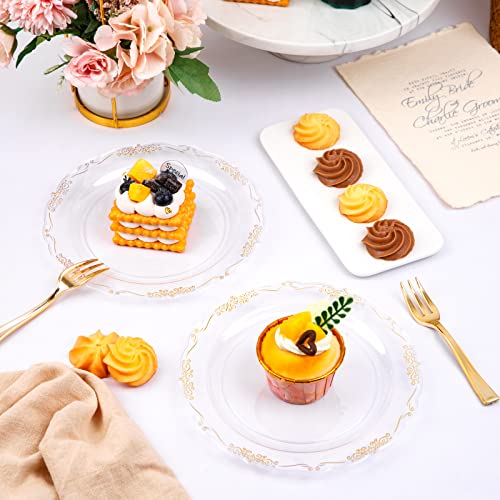 LIYH 100pcs Gold Dessert Plates Disposable with 100pcs Plastic Dessert Forks,Plastic Salad Plates with Gold Disposable Gold Forks, Clear Cake Plates Disposable Perfect for Parties Wedding, Birthday