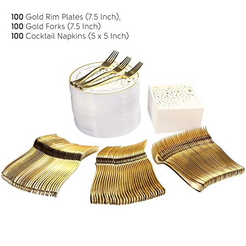 Stylish 7.5 Inch Gold Dessert Plates, Forks and Cocktail Napkins (100 of Each), Gold Plastic Dessert Plates, Appetizer Plates or Salad Plates, Disposable Gold Cake Plates, Wedding Cake Plates