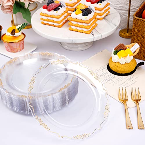 LIYH 100pcs Gold Dessert Plates Disposable with 100pcs Plastic Dessert Forks,Plastic Salad Plates with Gold Disposable Gold Forks, Clear Cake Plates Disposable Perfect for Parties Wedding, Birthday