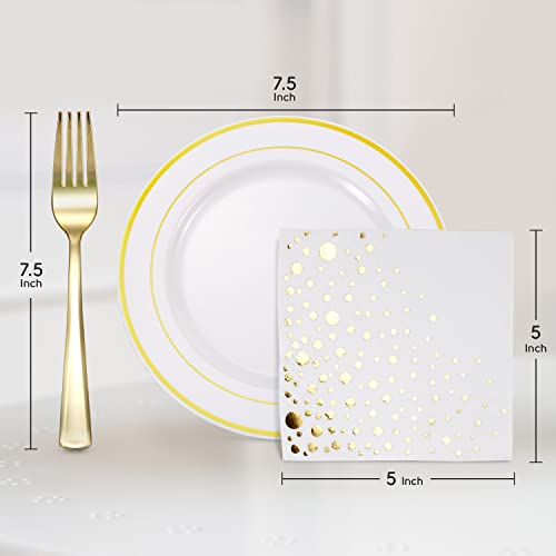 Stylish 7.5 Inch Gold Dessert Plates, Forks and Cocktail Napkins (100 of Each), Gold Plastic Dessert Plates, Appetizer Plates or Salad Plates, Disposable Gold Cake Plates, Wedding Cake Plates