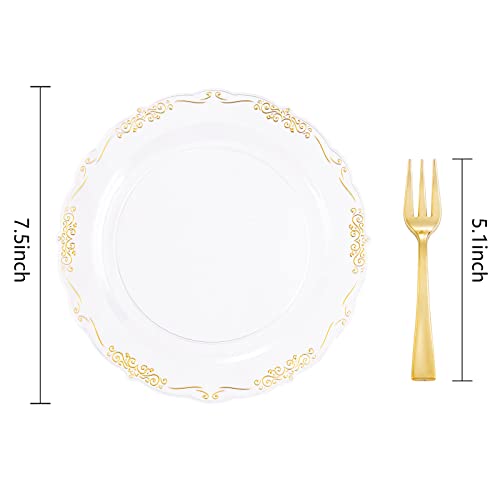 LIYH 100pcs Gold Dessert Plates Disposable with 100pcs Plastic Dessert Forks,Plastic Salad Plates with Gold Disposable Gold Forks, Clear Cake Plates Disposable Perfect for Parties Wedding, Birthday