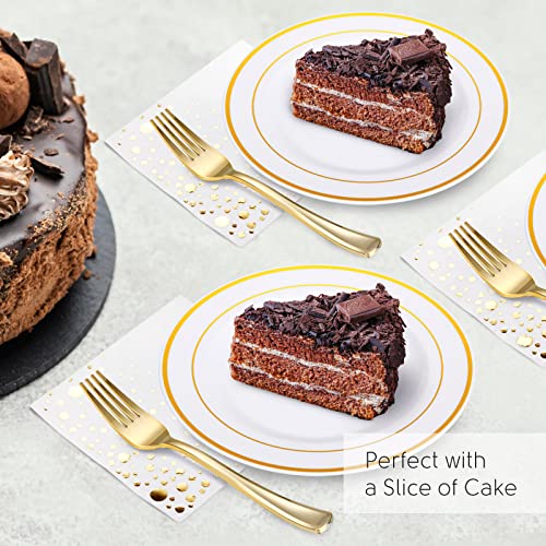 Stylish 7.5 Inch Gold Dessert Plates, Forks and Cocktail Napkins (100 of Each), Gold Plastic Dessert Plates, Appetizer Plates or Salad Plates, Disposable Gold Cake Plates, Wedding Cake Plates