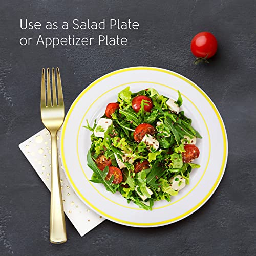 Stylish 7.5 Inch Gold Dessert Plates, Forks and Cocktail Napkins (100 of Each), Gold Plastic Dessert Plates, Appetizer Plates or Salad Plates, Disposable Gold Cake Plates, Wedding Cake Plates