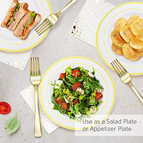 Stylish 7.5 Inch Gold Dessert Plates, Forks and Cocktail Napkins (100 of Each), Gold Plastic Dessert Plates, Appetizer Plates or Salad Plates, Disposable Gold Cake Plates, Wedding Cake Plates