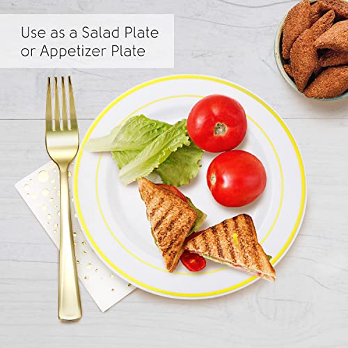 Stylish 7.5 Inch Gold Dessert Plates, Forks and Cocktail Napkins (100 of Each), Gold Plastic Dessert Plates, Appetizer Plates or Salad Plates, Disposable Gold Cake Plates, Wedding Cake Plates
